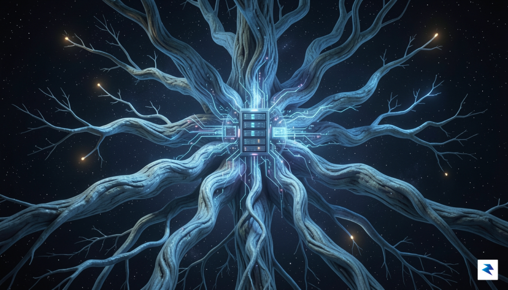 A digital illustration depicting a massive, glowing root system of&hellip;