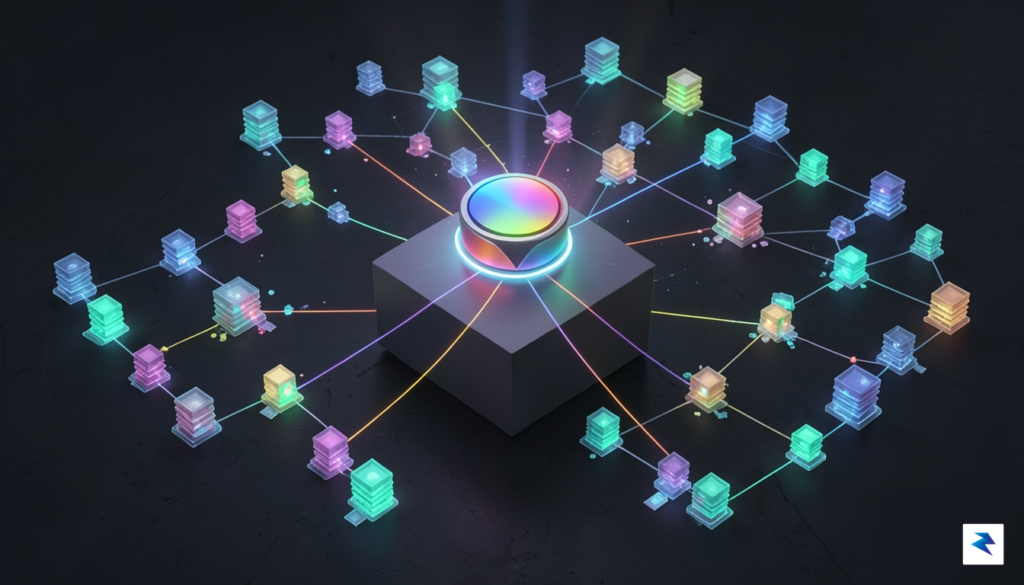 A conceptual digital illustration showing a complex network of interconnected&hellip;