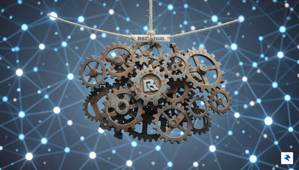 A conceptual digital illustration showing a complex web of interconnected&hellip;