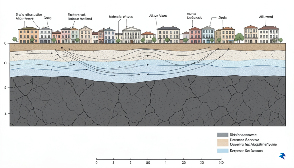 A cross-section diagram showing seismic waves traveling through rigid bedrock&hellip;