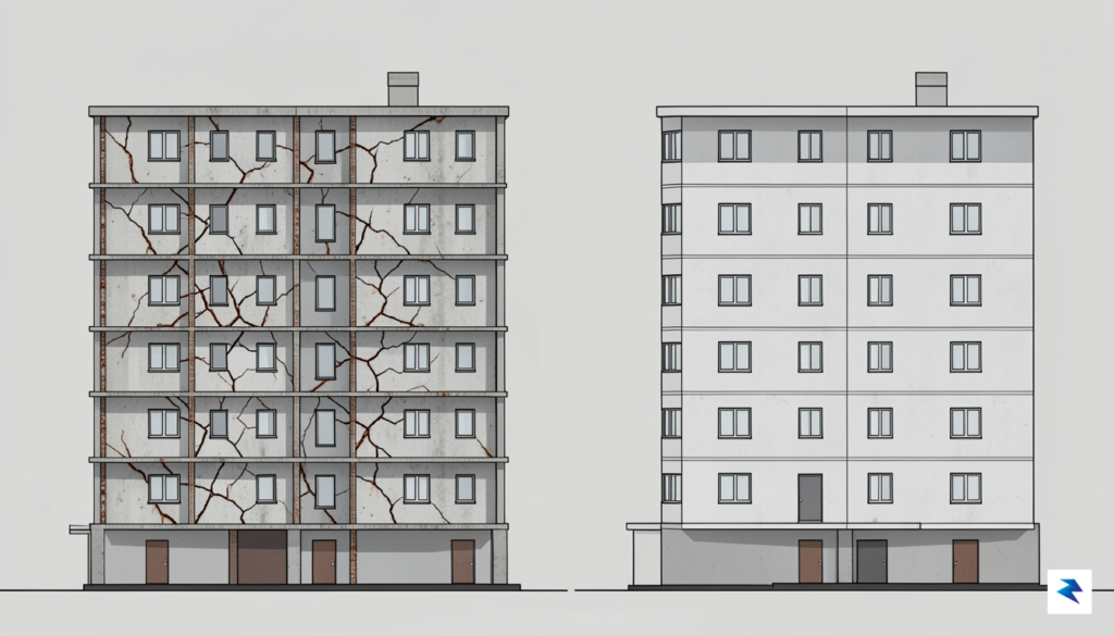 A cross-section diagram showing two identical concrete apartment buildings side-by-side,&hellip;