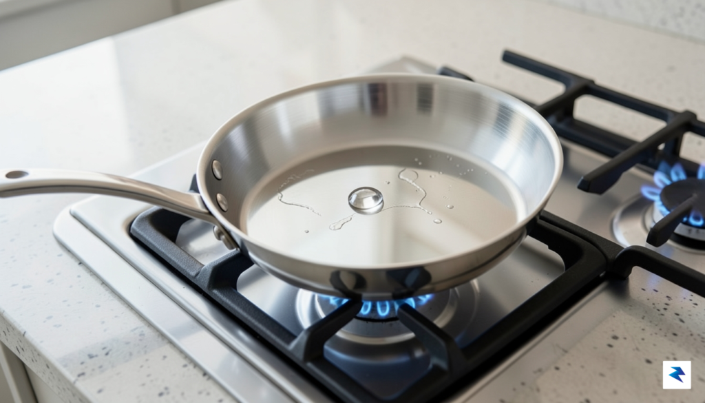 A close-up shot of a stainless steel skillet on a&hellip;