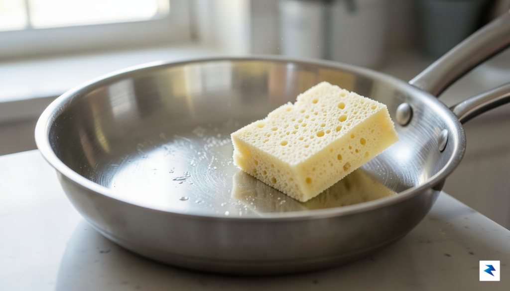 A close-up shot of a stainless steel skillet being cleaned&hellip;