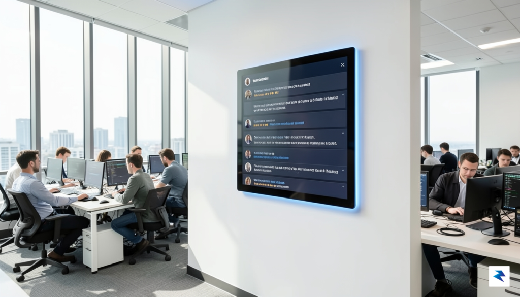 A modern, high-tech office environment where a digital interface displays&hellip;