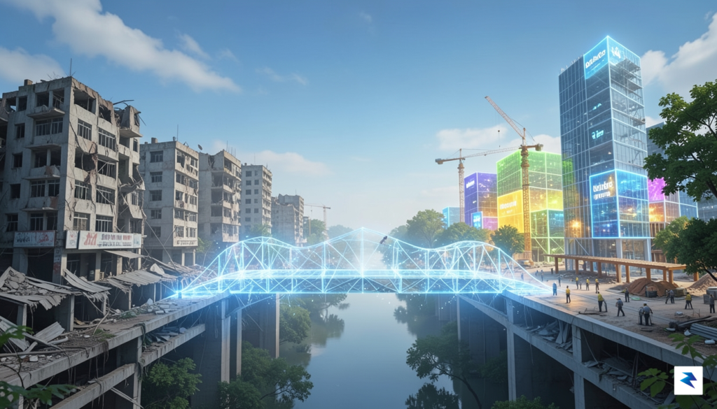 A conceptual illustration showing a digital bridge connecting two corporate&hellip;