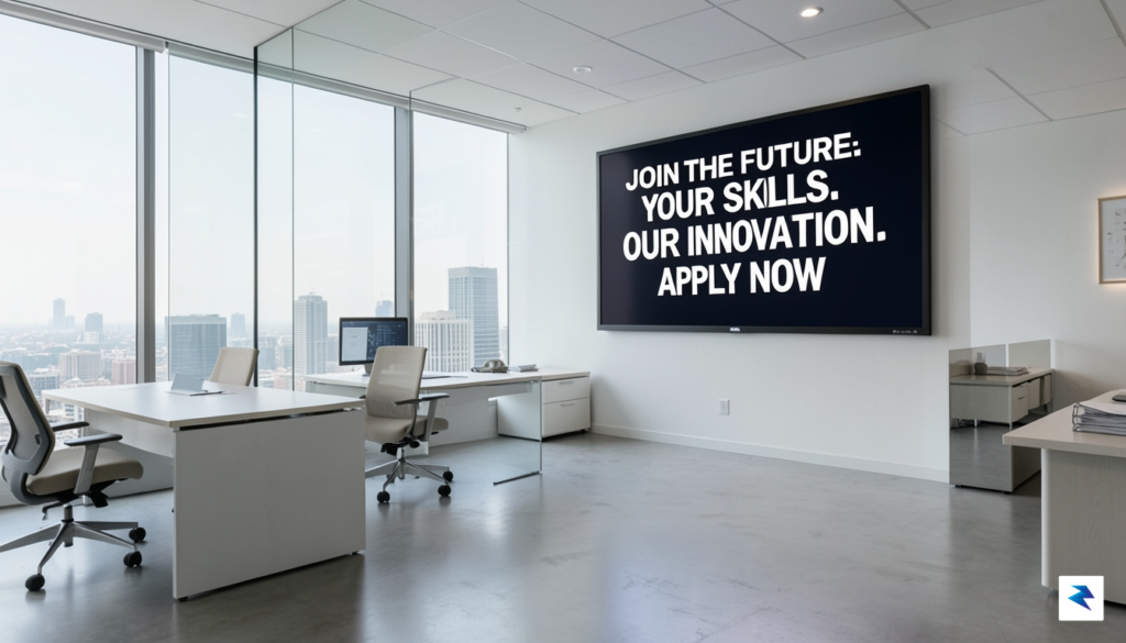 A modern, minimalist office space with a large digital billboard&hellip;