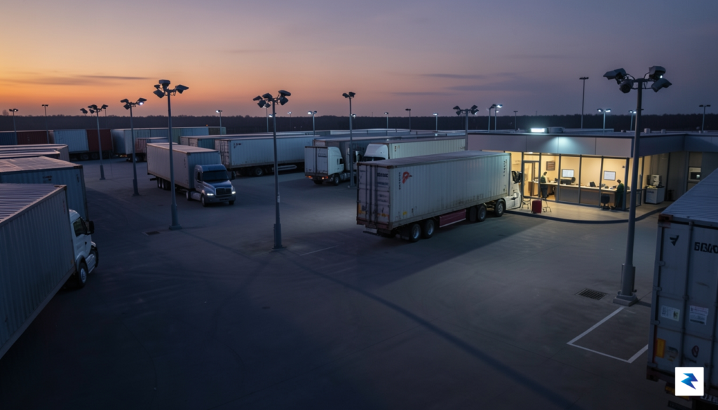 A wide-angle cinematic shot of a modern, dimly lit logistics&hellip;