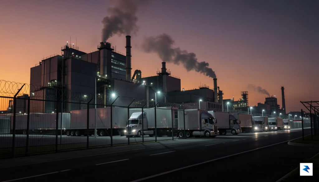 A wide-angle, cinematic shot of a modern, sprawling industrial factory&hellip;