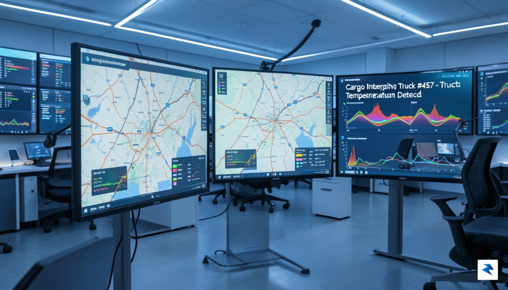 A modern, high-tech logistics security center featuring multiple monitors displaying&hellip;