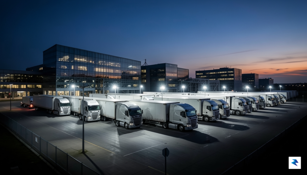 A wide-angle shot of a high-security industrial logistics hub at&hellip;