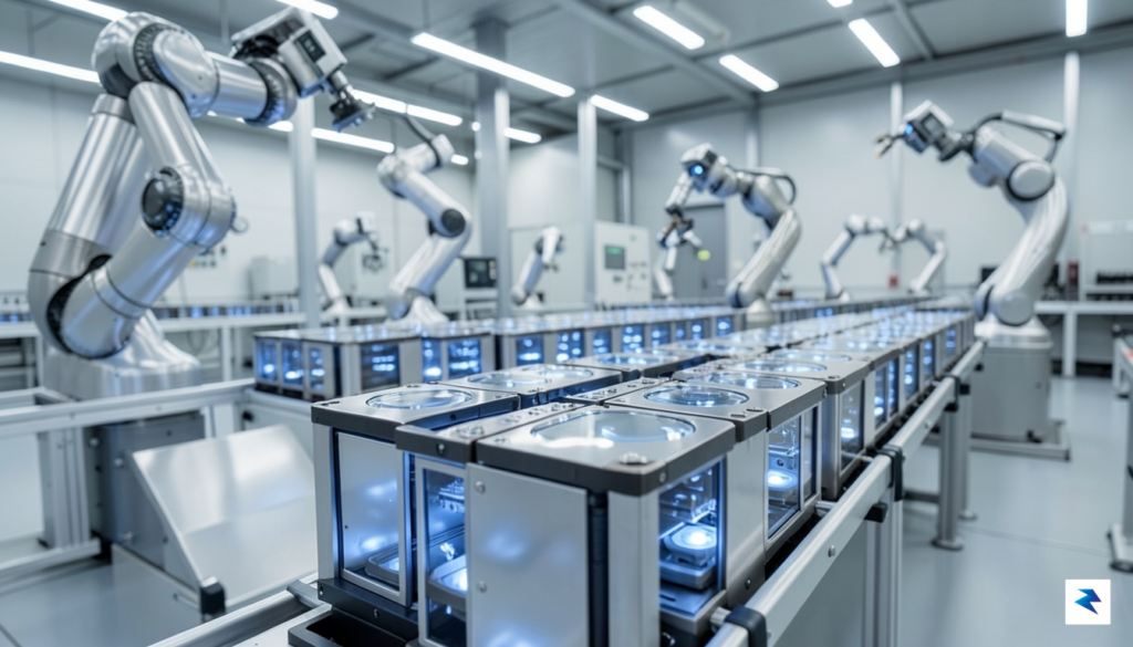 A wide-angle shot of a high-tech electric vehicle battery assembly&hellip;