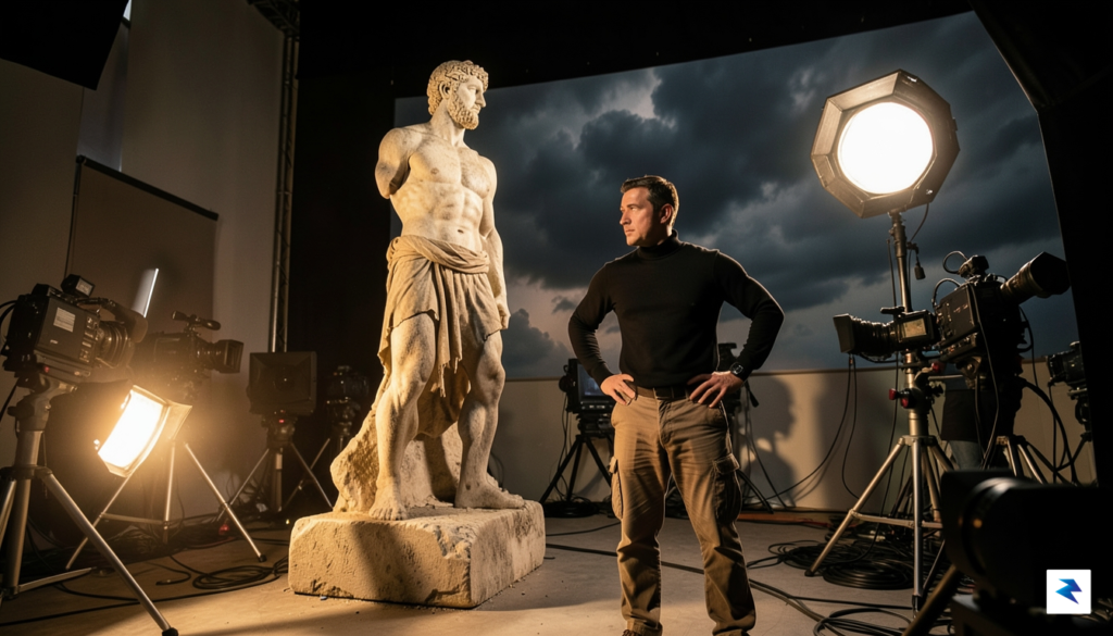 A cinematic, high-contrast shot of a director standing on a&hellip;