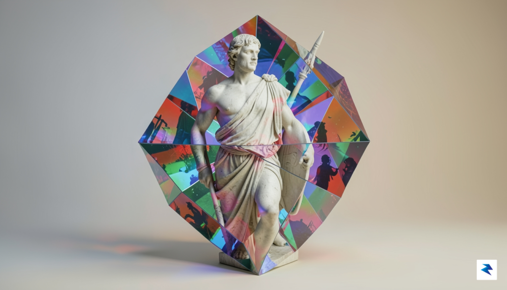 A conceptual, high-contrast illustration showing a classical marble statue of&hellip;