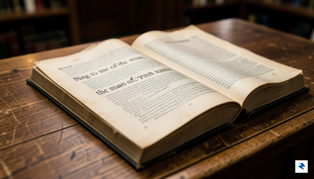 A close-up, high-contrast photograph of an open, weathered copy of&hellip;