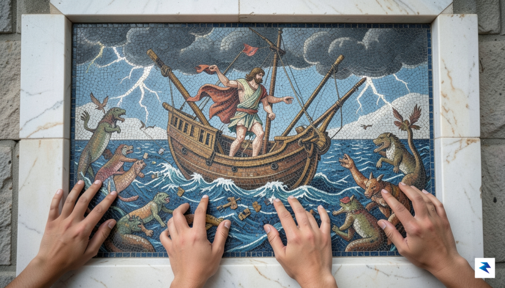 A mosaic depicting Odysseus navigating turbulent seas, but with modern&hellip;