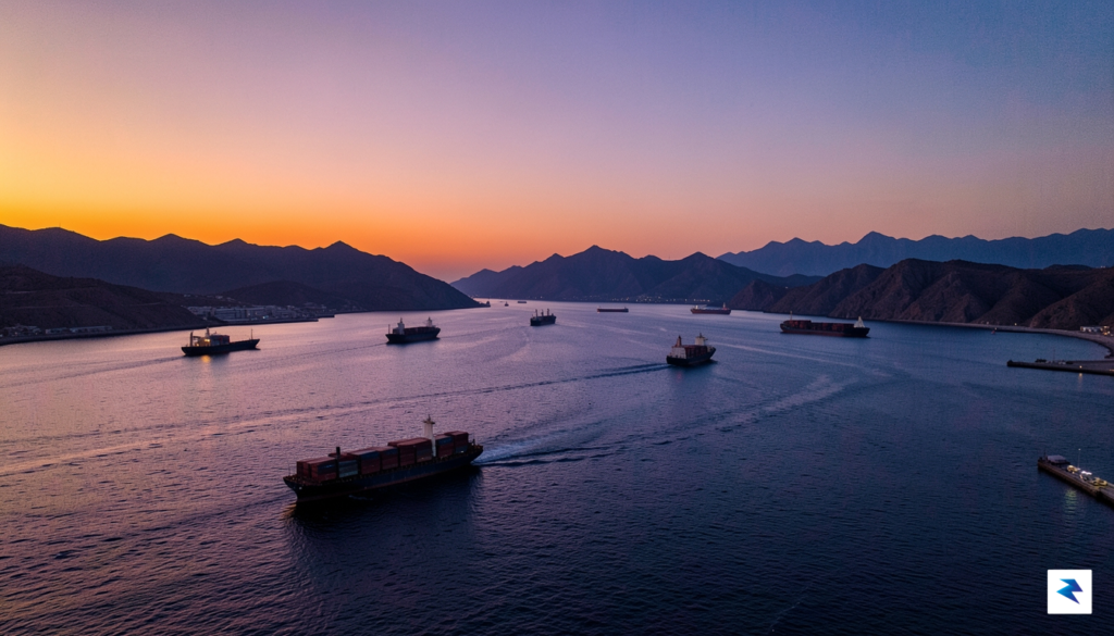 A wide-angle aerial shot of the Strait of Hormuz showing&hellip;