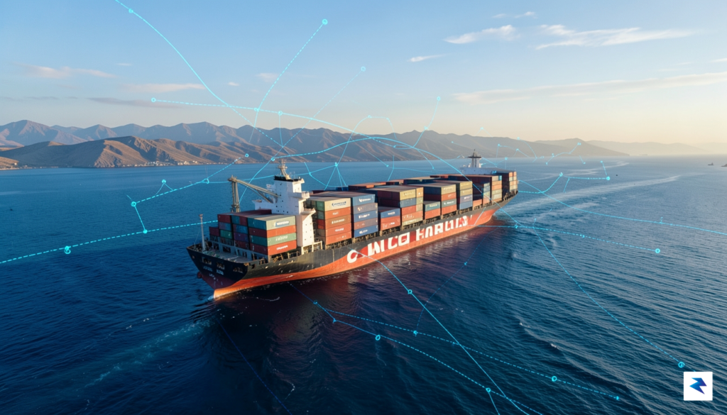 A wide-angle aerial view of a massive container ship navigating&hellip;