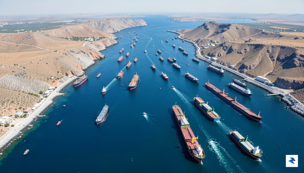 An aerial view of the Strait of Hormuz, showing numerous&hellip;