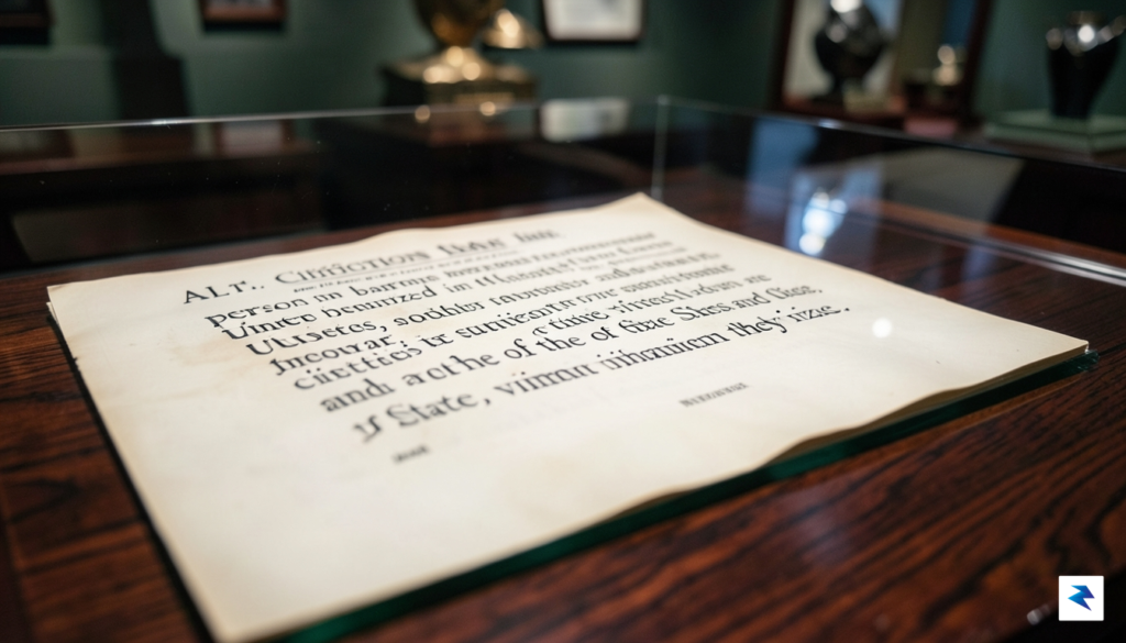 A close-up photograph of the original 14th Amendment document displayed&hellip;