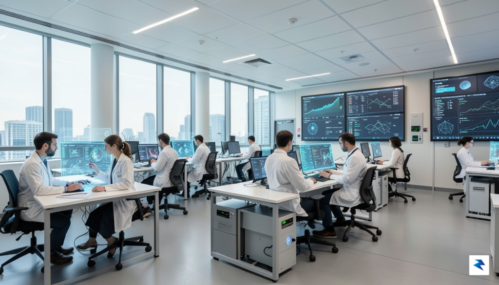 A modern, high-tech research facility interior where diverse professionals in&hellip;