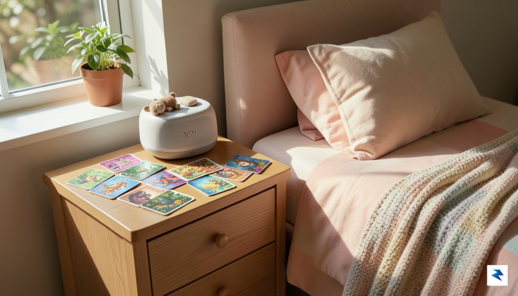 A cozy, sunlit children's bedroom corner featuring a Yoto Player…