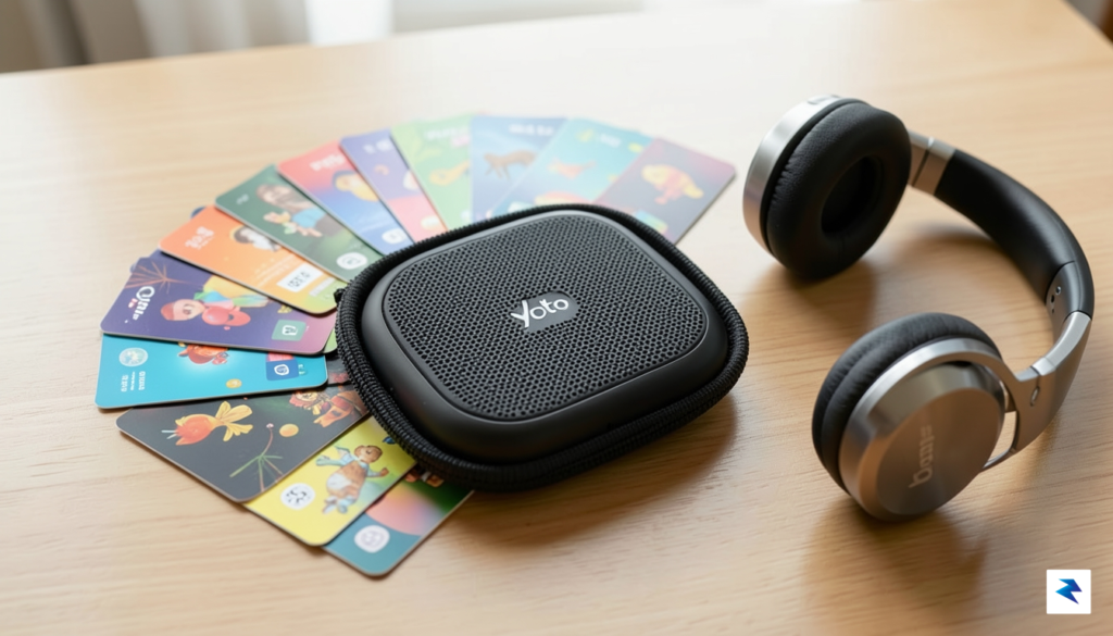 A flat-lay photograph of a Yoto Player surrounded by colorful…