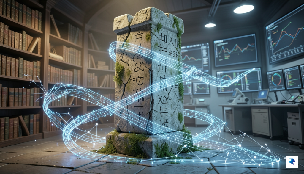 A conceptual illustration showing an ancient, crumbling stone pillar representing&hellip;