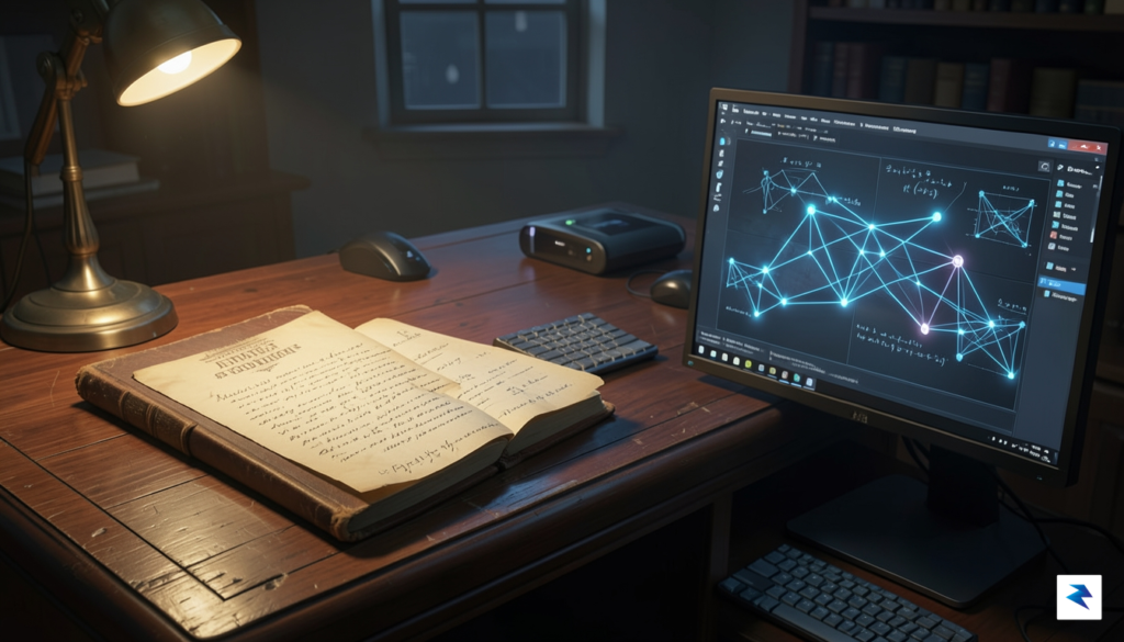 A conceptual illustration showing a vintage, leather-bound science journal on&hellip;