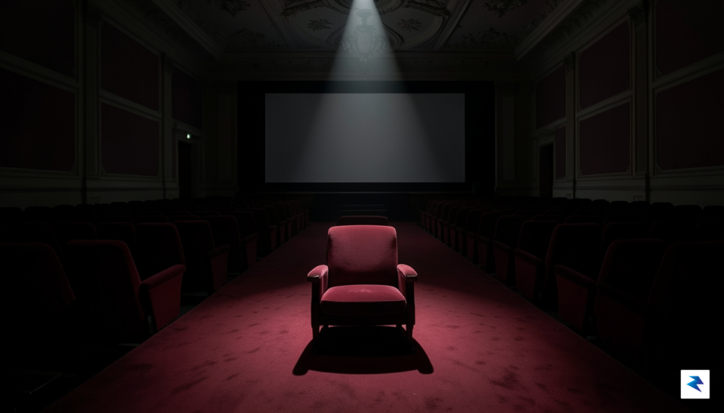 A cinematic, high-contrast photograph of an empty, dark movie theater&hellip;
