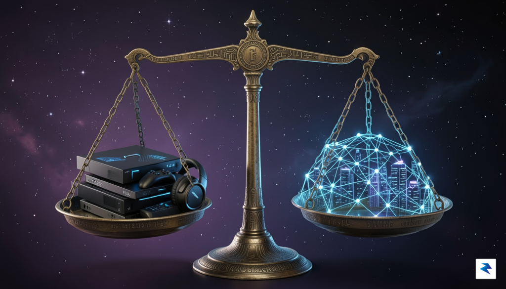 A conceptual digital illustration showing a balance scale, with a&hellip;