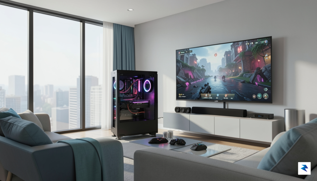 A sleek, high-tech living room setup featuring a modular gaming&hellip;