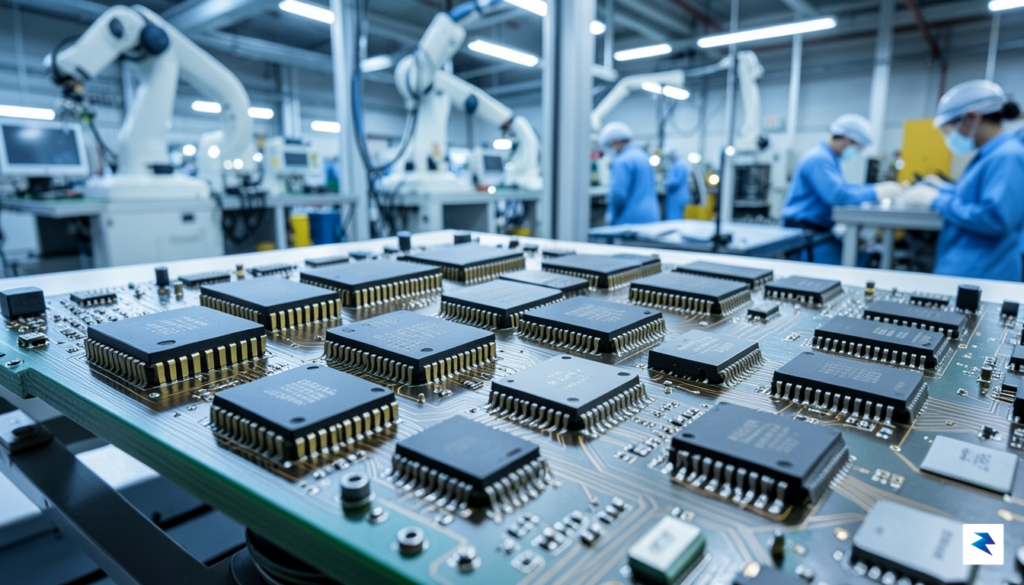 A detailed close-up of various semiconductor chips, including RAM modules&hellip;