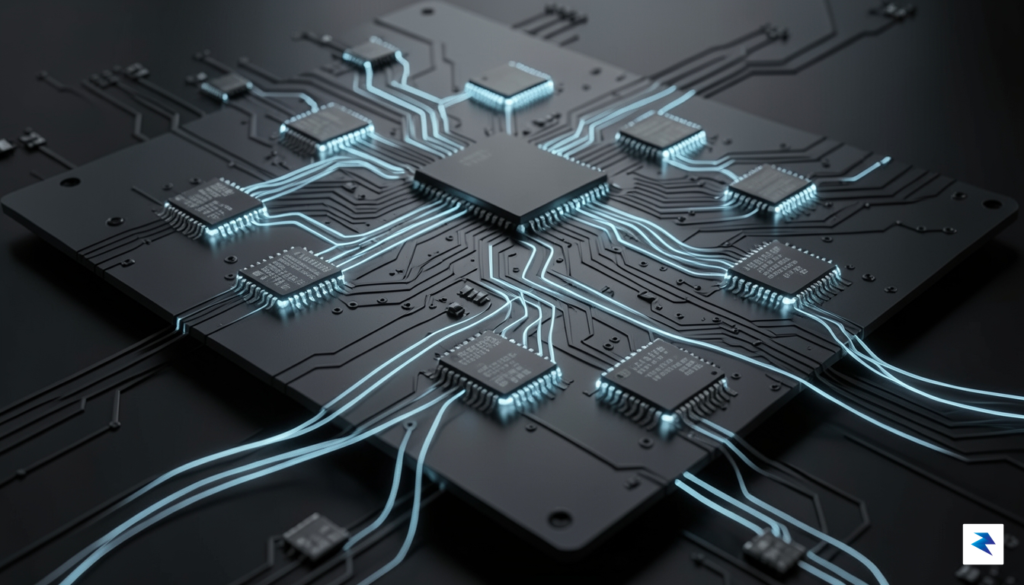 A conceptual 3D render showing glowing, interconnected digital memory chips&hellip;