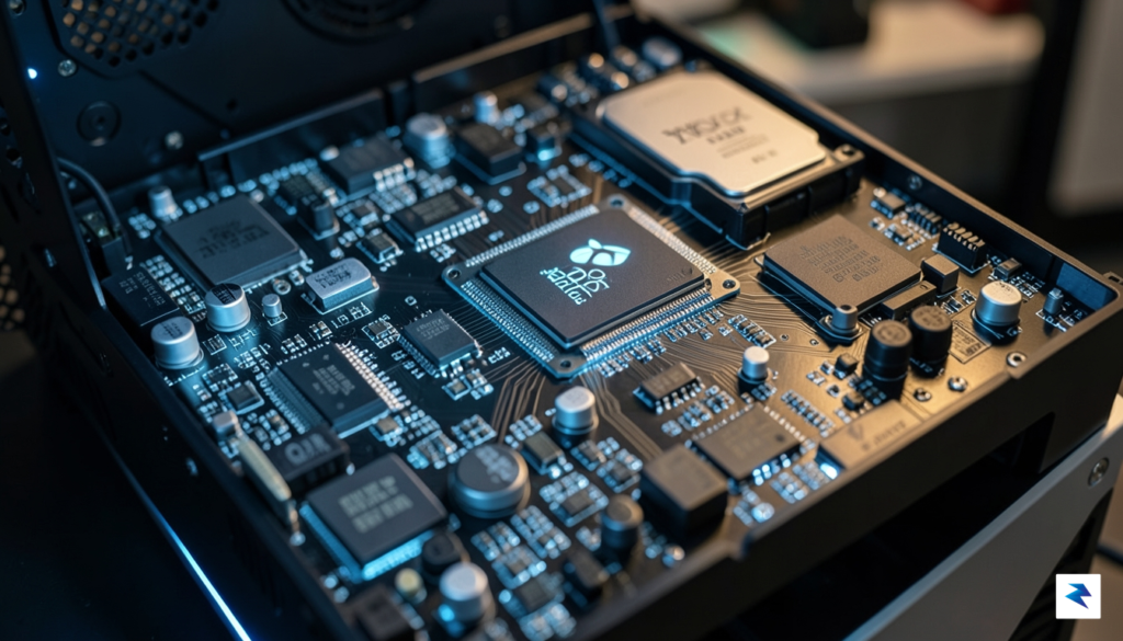 A high-tech, cinematic close-up shot of the internal circuit board&hellip;