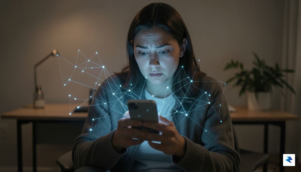 A person looking intently at a glowing smartphone screen, their&hellip;
