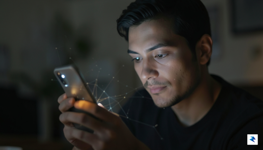 A person looking intently at a glowing smartphone screen, with&hellip;