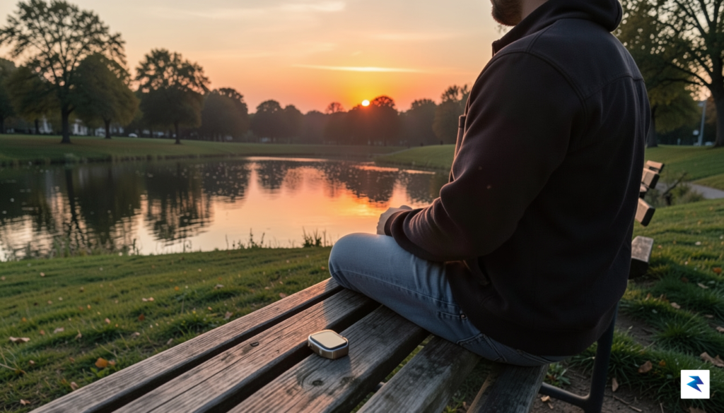 A person sitting on a park bench looking at a&hellip;