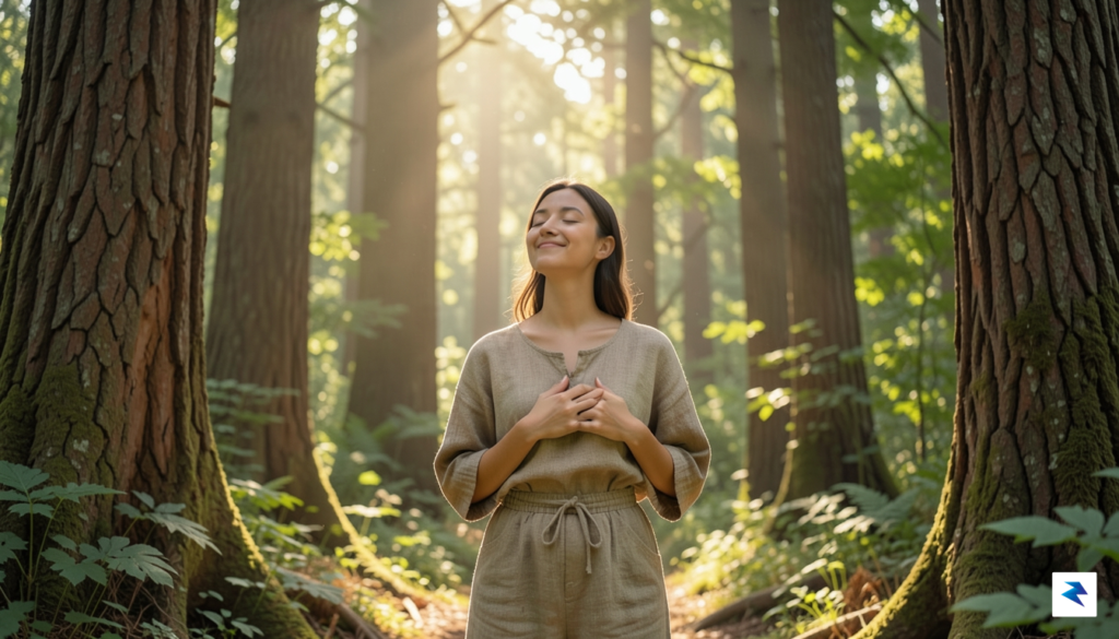 A peaceful person standing in a sunlit forest, eyes closed,&hellip;