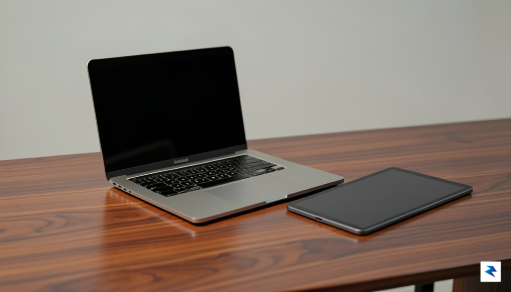A sleek, minimalist studio shot of a high-end MacBook Pro&hellip;