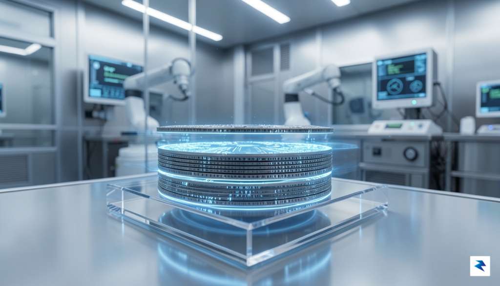 A close-up, high-tech visualization of stacked semiconductor wafers glowing in&hellip;
