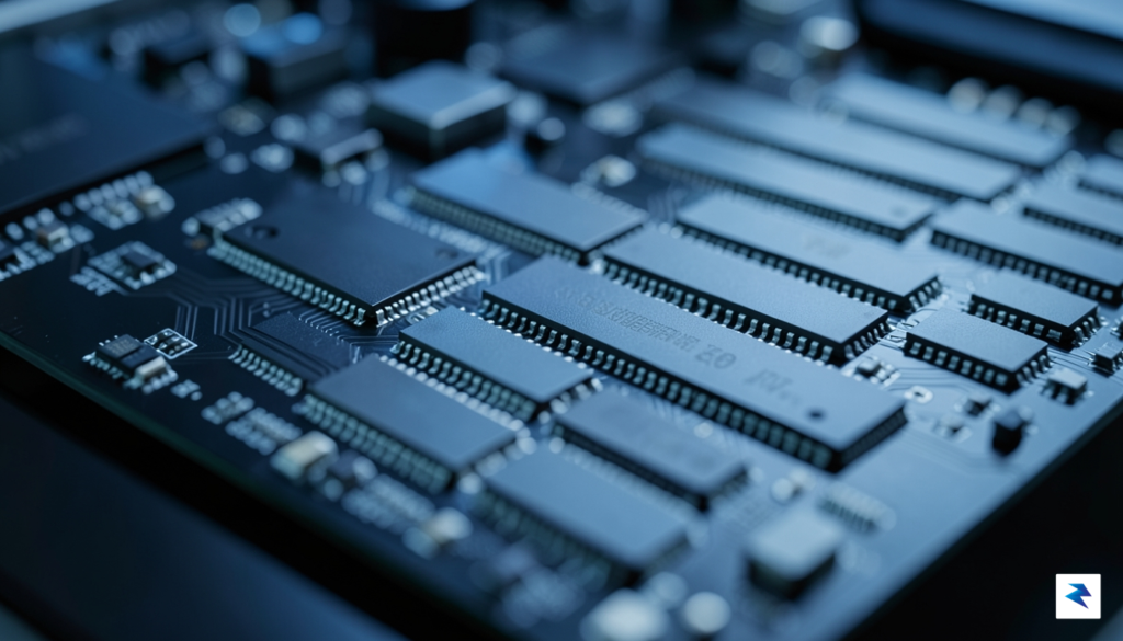 A close-up, macro shot of a sleek, modern computer motherboard&hellip;
