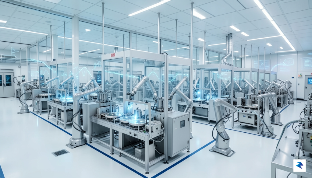 A detailed schematic of a modern semiconductor fabrication plant with&hellip;