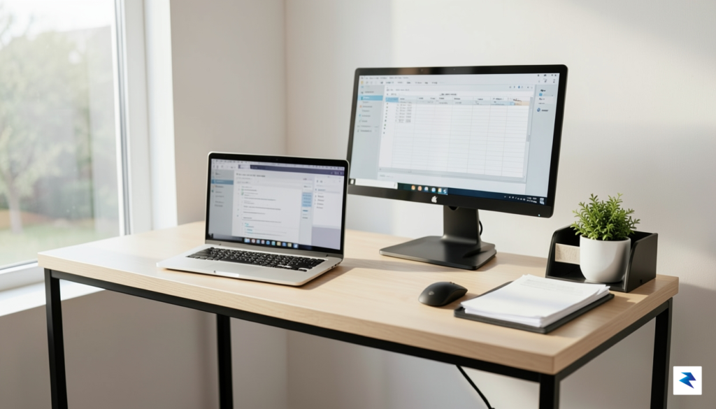 A modern home office desk setup featuring a laptop and&hellip;