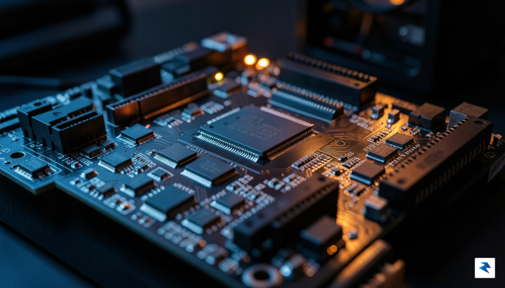 A close-up, high-definition photograph of a computer motherboard with intricate&hellip;