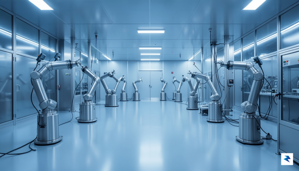 A modern, high-tech semiconductor fabrication plant interior showing advanced robotic&hellip;