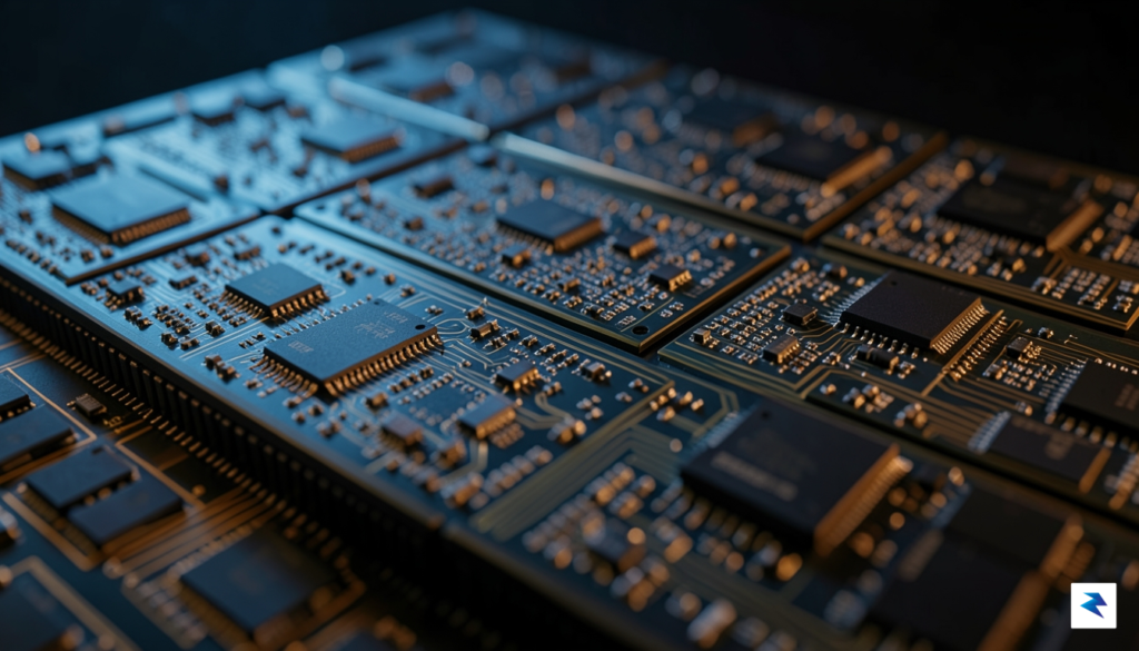 A close-up, macro-style photograph of complex silicon wafers and integrated&hellip;