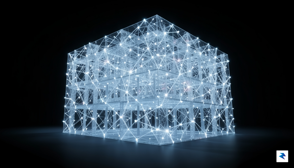 A conceptual digital art piece showing a massive, translucent library&hellip;