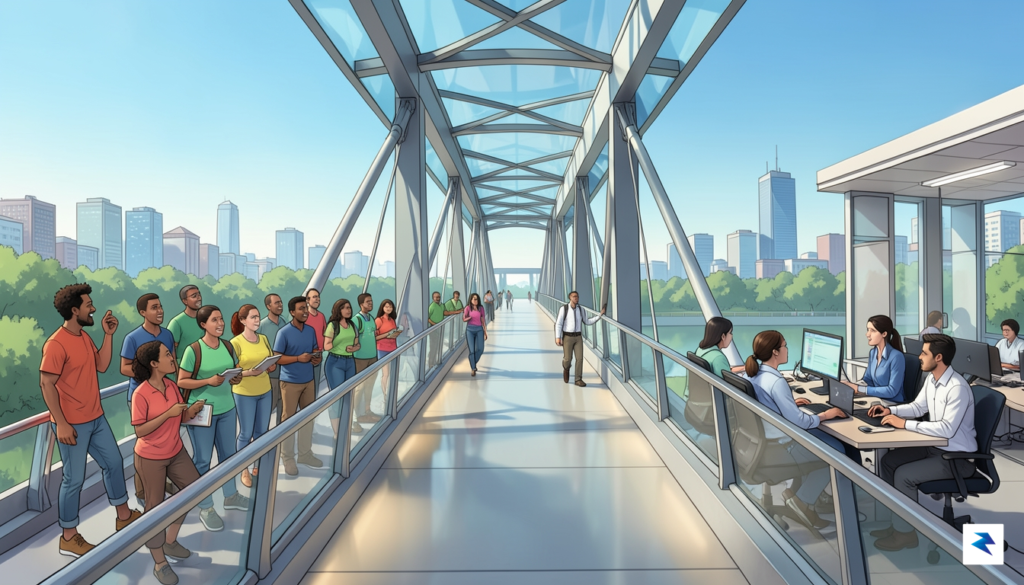 A conceptual illustration showing a bridge connecting a diverse group&hellip;