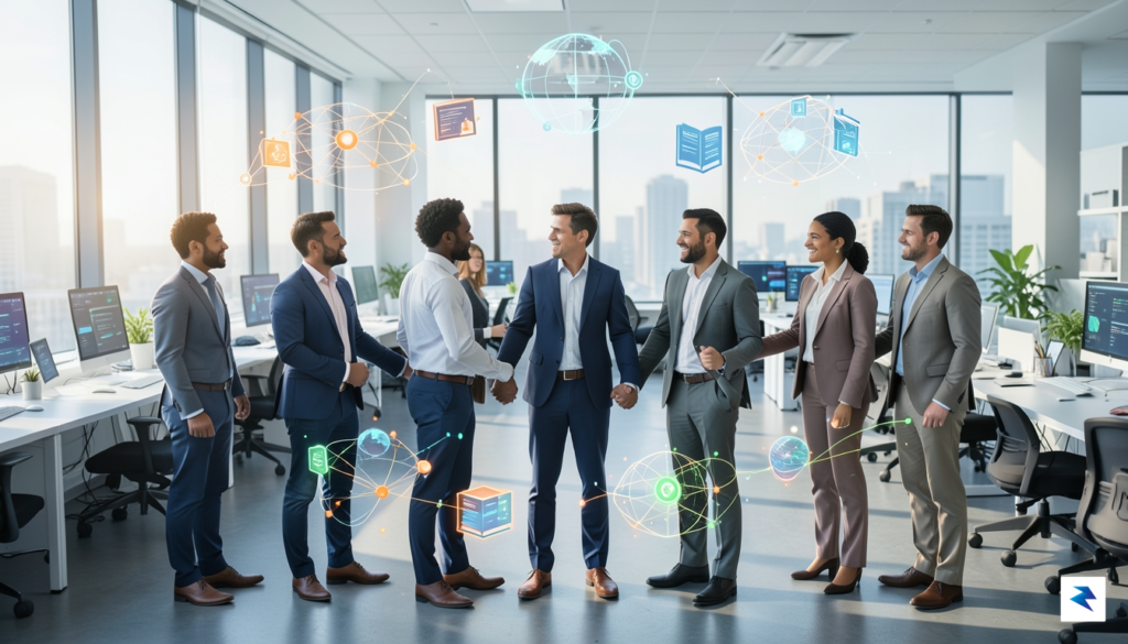 A conceptual digital illustration showing a diverse group of office&hellip;