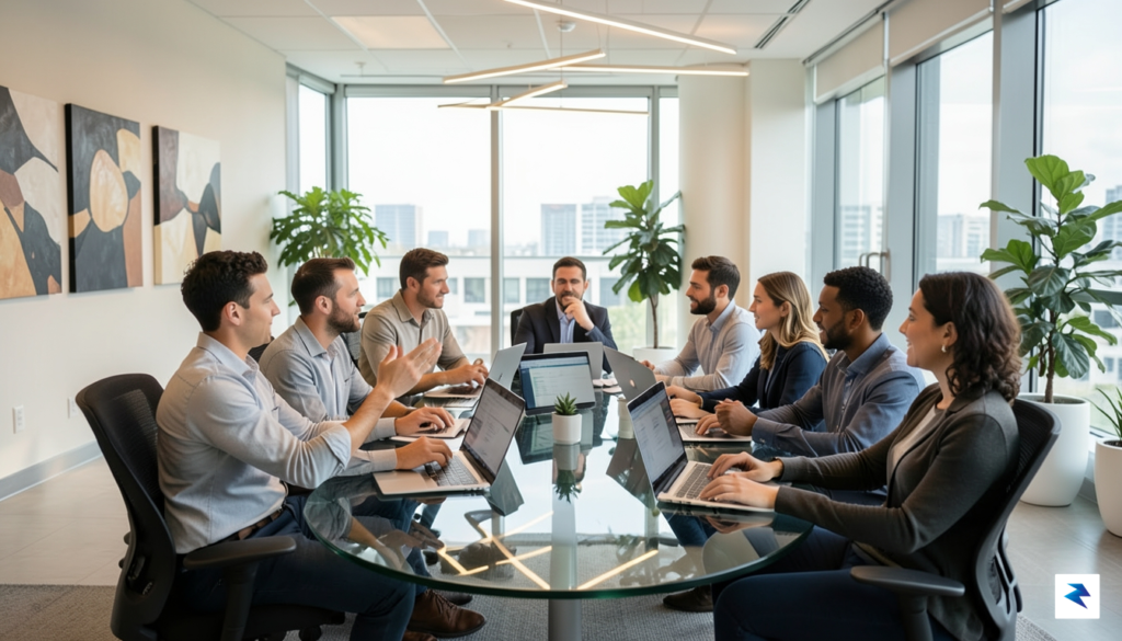 A diverse group of tech workers sitting in a bright,&hellip;